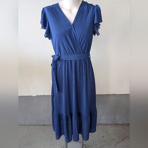 Bright Blue Midi Length V Neck Side Tie Short Sleeve Dress By PrettyGarden SzS